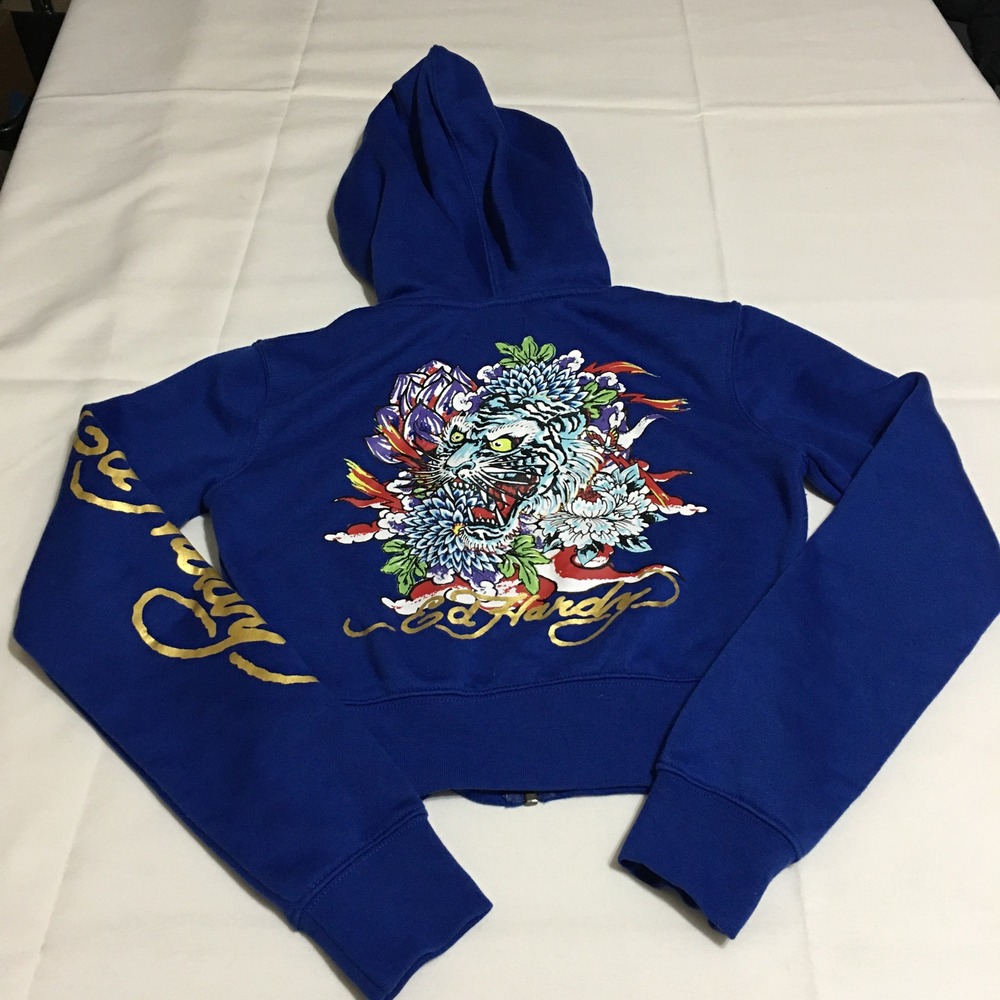 Ed Hardy Cropped Full Zip Hoodie XS Blue Tiger Graphic Gold Foil